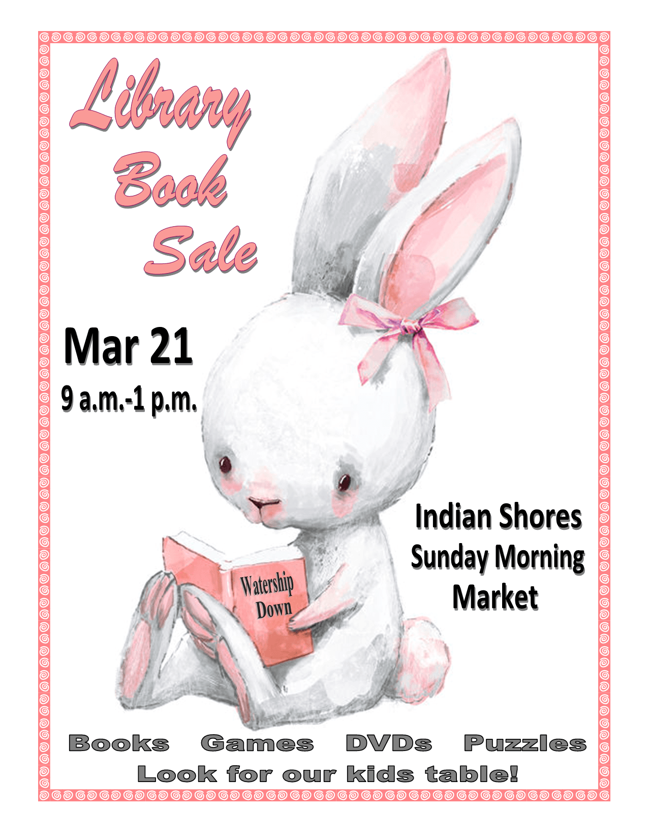 A flier for the Mar 21 book sale with a picture of a rabbit reading a book.